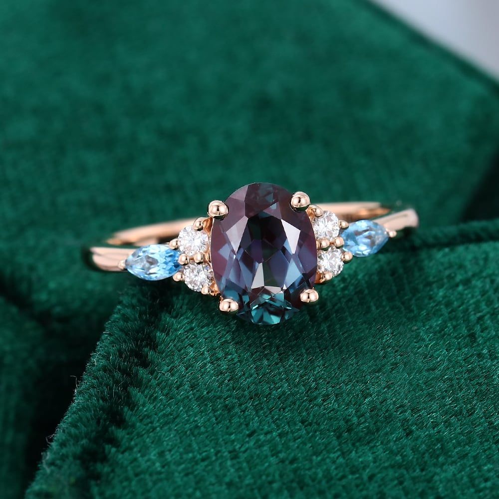 Gold Alexandrite, Blue Topaz, and Diamond Cluster Ring