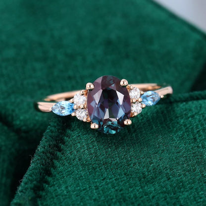 Gold Alexandrite, Blue Topaz, and Diamond Cluster Ring