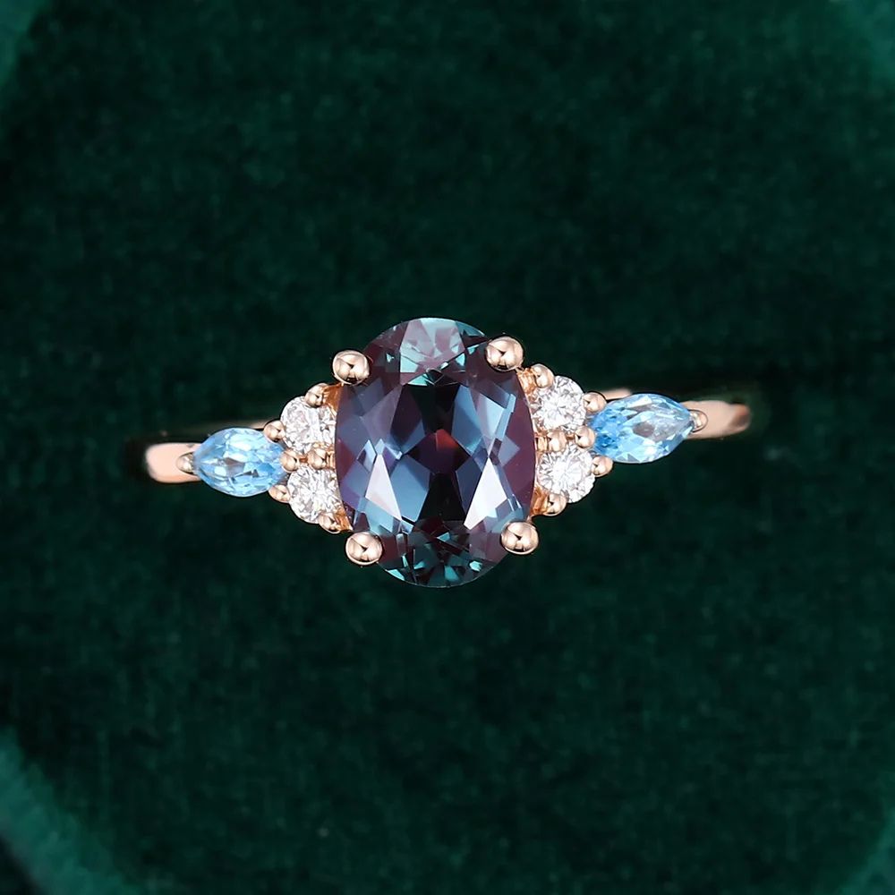 Gold Alexandrite, Blue Topaz, and Diamond Cluster Ring