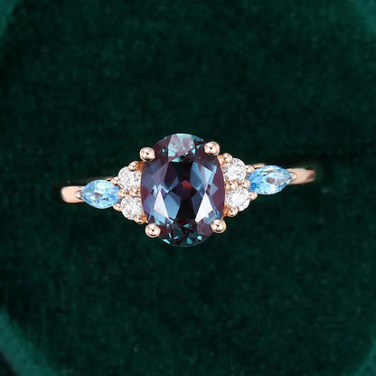 Gold Alexandrite, Blue Topaz, and Diamond Cluster Ring