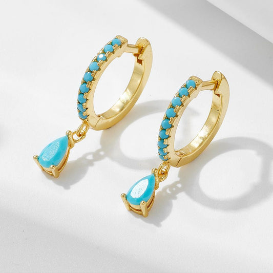 Yellow Gold Huggie Hoop Earrings with Turquoise Drops