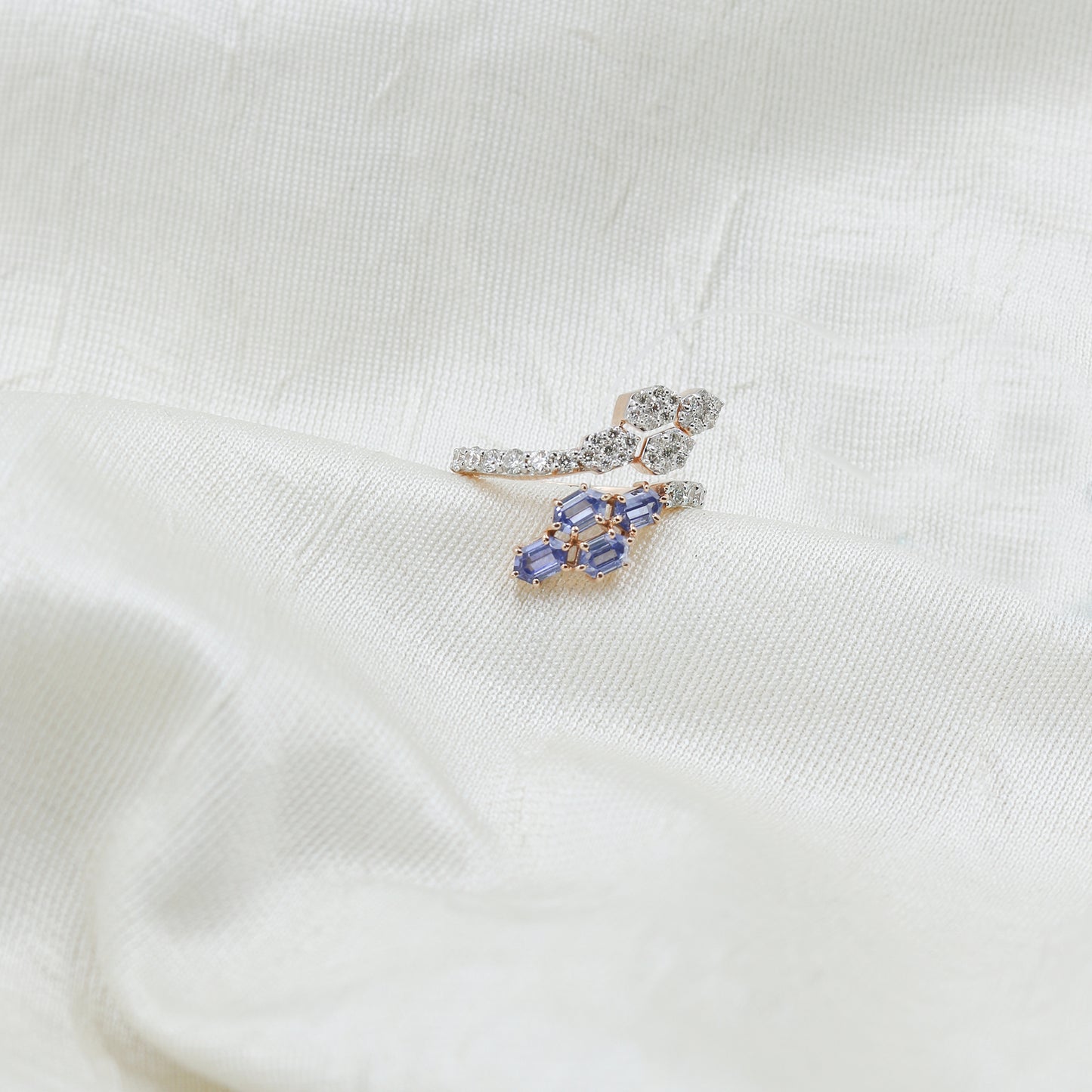 Diamond & Blue Colorstone Hexagonal Bypass Ring