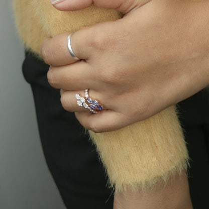 Diamond & Blue Colorstone Hexagonal Bypass Ring