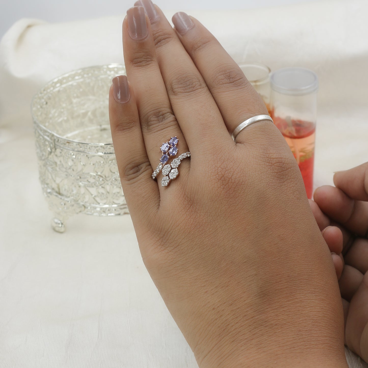 Diamond & Blue Colorstone Hexagonal Bypass Ring