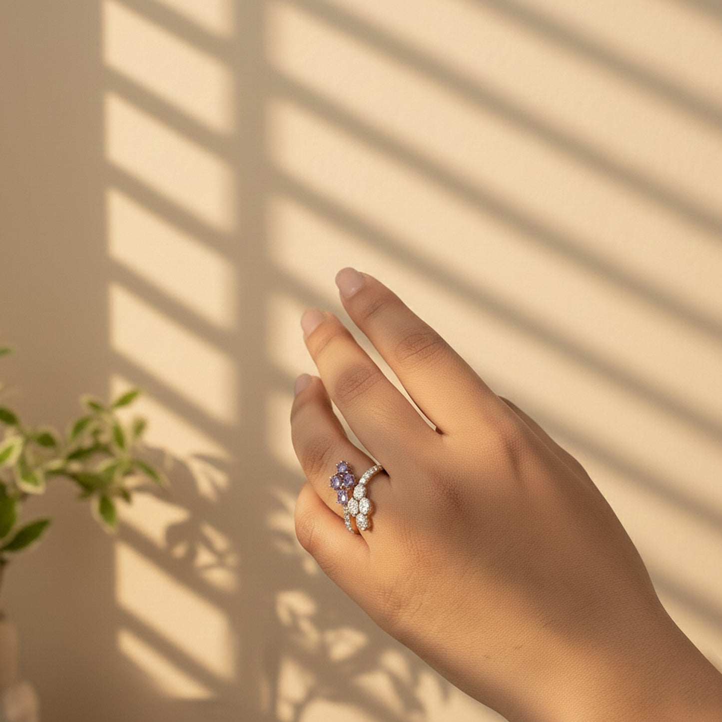 Diamond & Blue Colorstone Hexagonal Bypass Ring