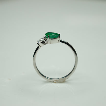 Pear Shape Emerald and Round Diamond Two-Stone Bypass Ring in 14K White Gold