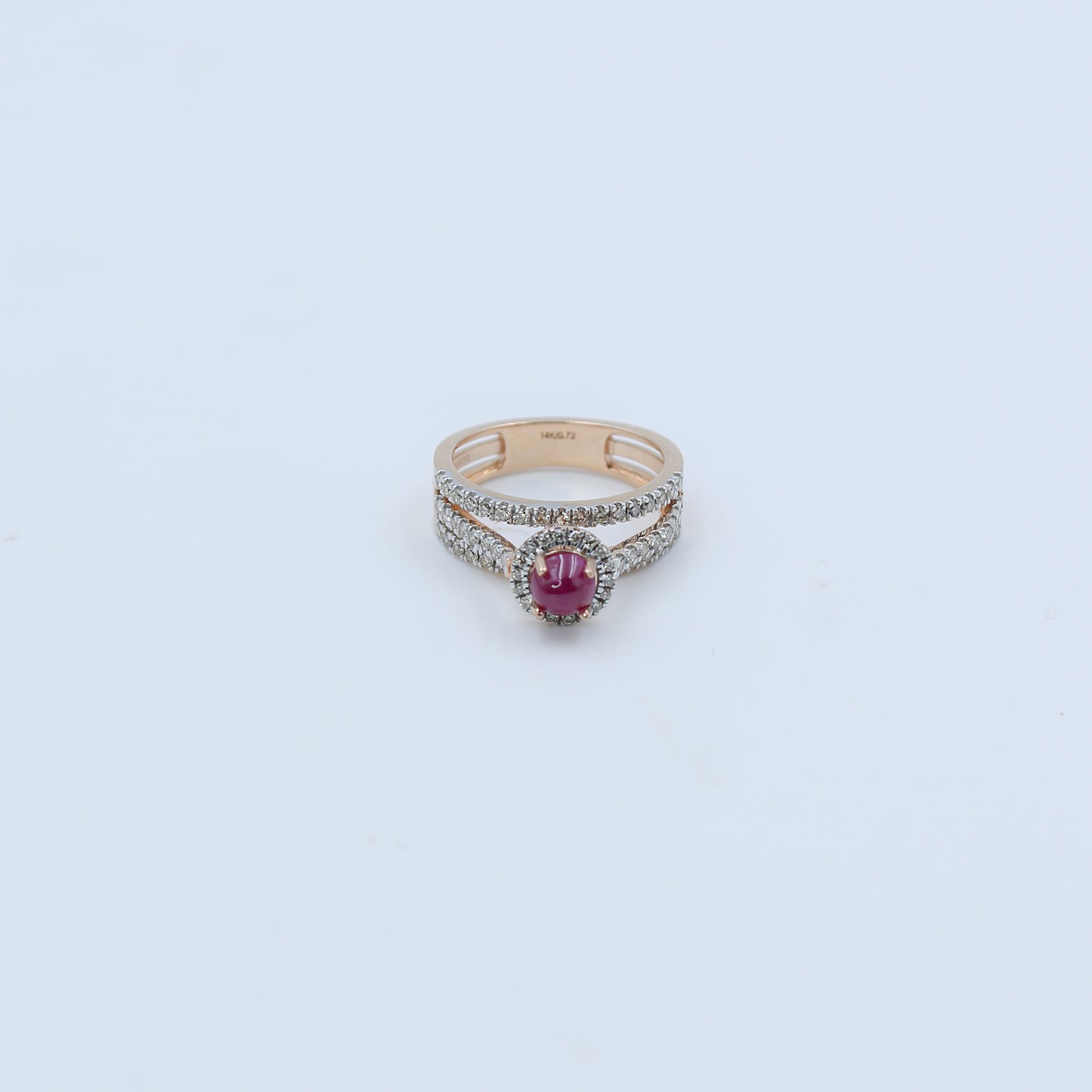Rose Gold Cabochon Ruby and Diamond Split Shank Ring