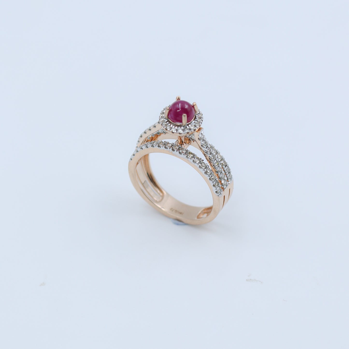 Rose Gold Cabochon Ruby and Diamond Split Shank Ring