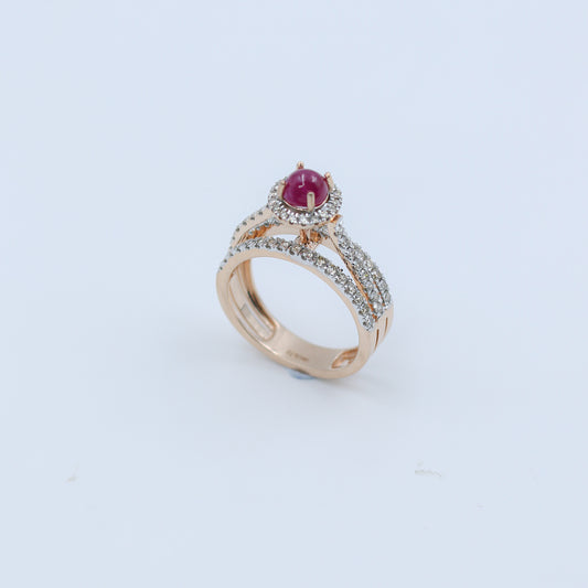 Rose Gold Cabochon Ruby and Diamond Split Shank Ring