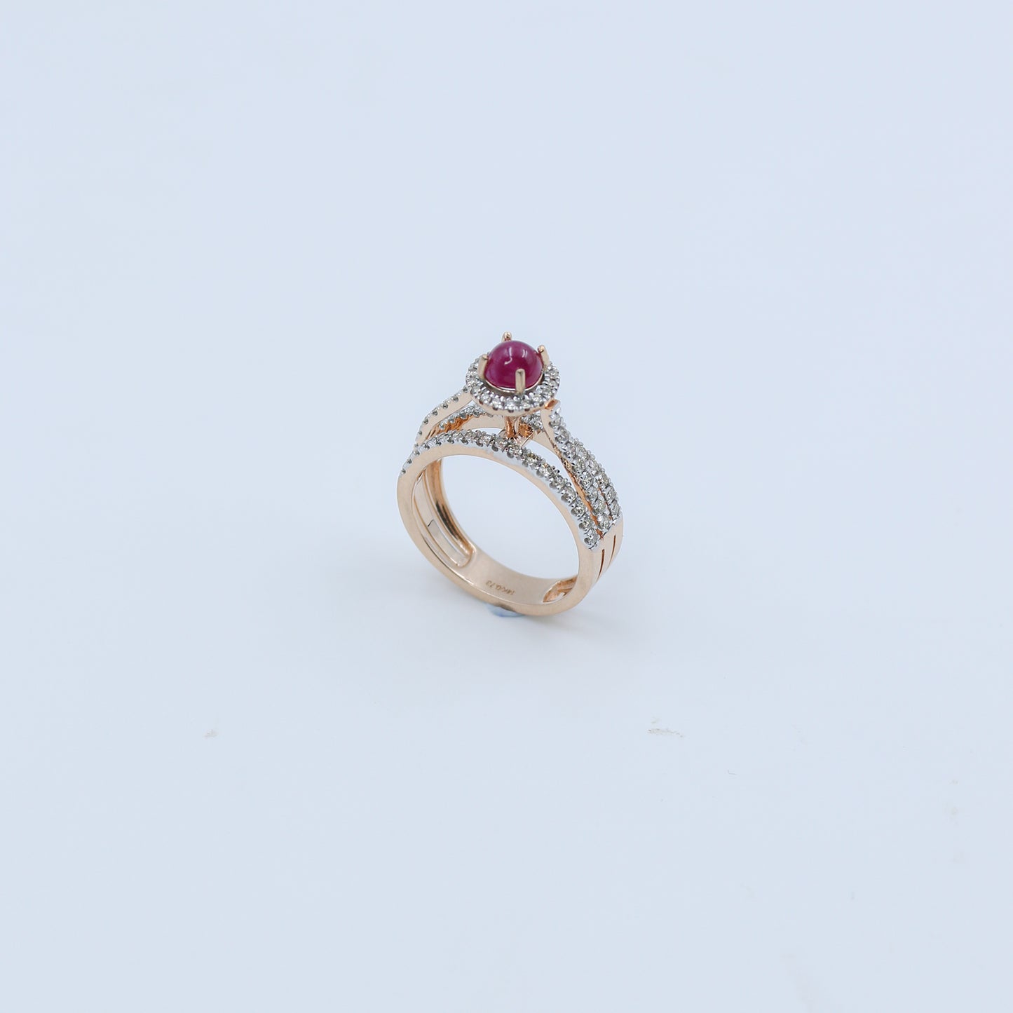 Rose Gold Cabochon Ruby and Diamond Split Shank Ring