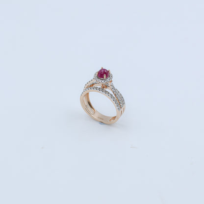 Rose Gold Cabochon Ruby and Diamond Split Shank Ring