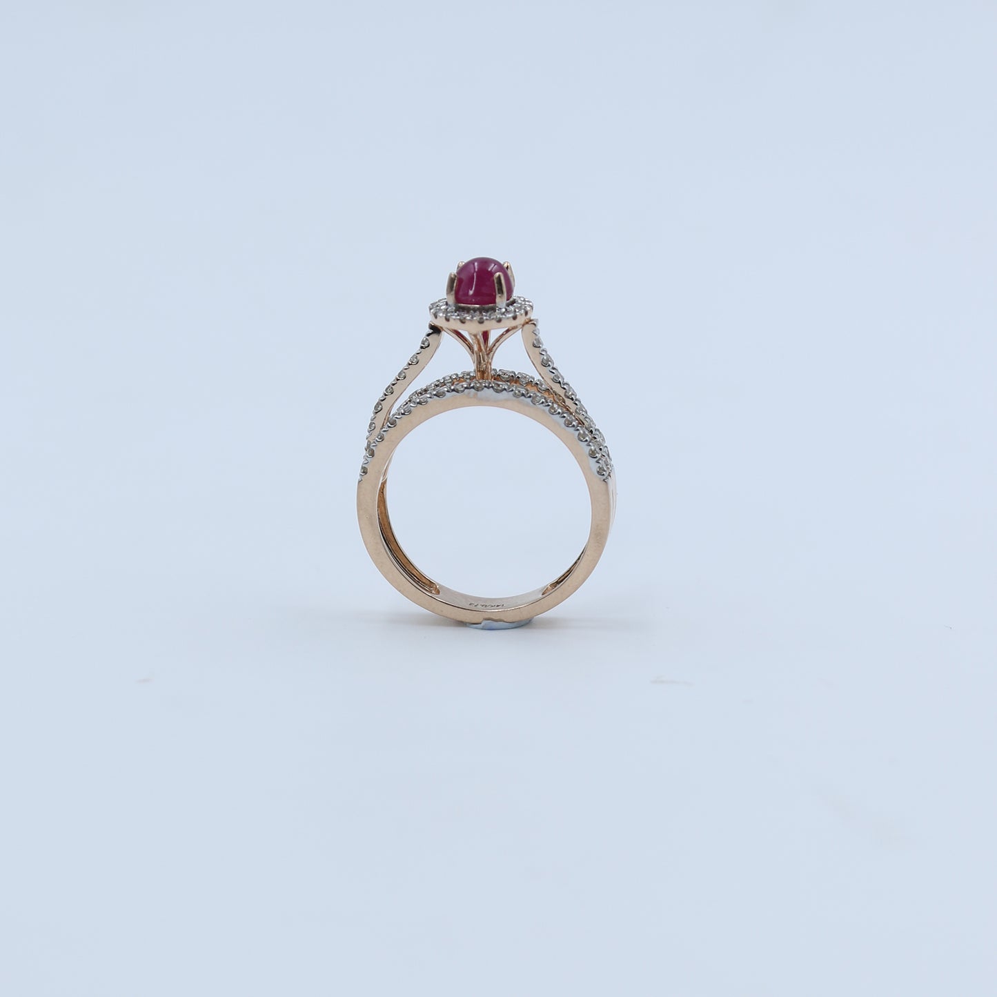 Rose Gold Cabochon Ruby and Diamond Split Shank Ring