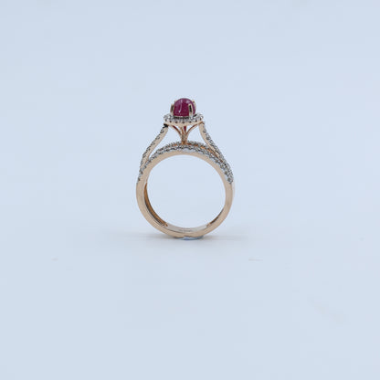 Rose Gold Cabochon Ruby and Diamond Split Shank Ring