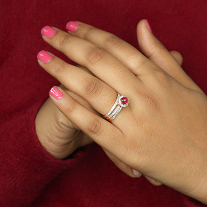 Rose Gold Cabochon Ruby and Diamond Split Shank Ring