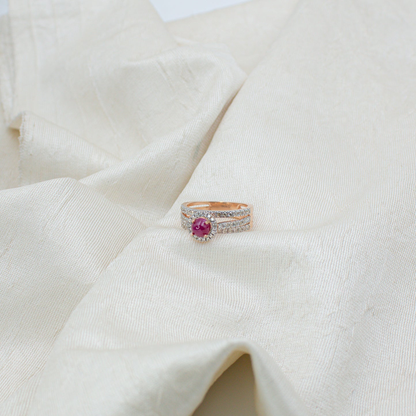 Rose Gold Cabochon Ruby and Diamond Split Shank Ring