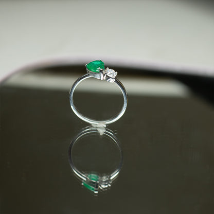 Pear Shape Emerald and Round Diamond Two-Stone Bypass Ring in 14K White Gold