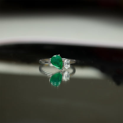 Pear Shape Emerald and Round Diamond Two-Stone Bypass Ring in 14K White Gold