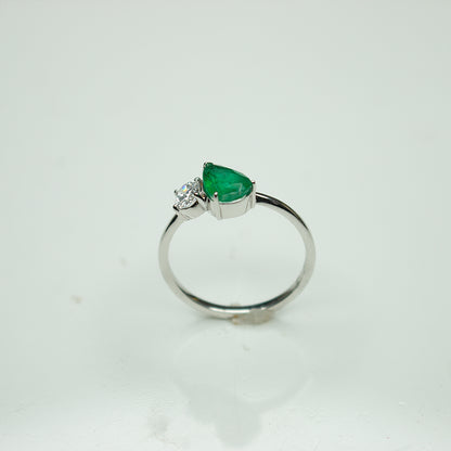 Pear Shape Emerald and Round Diamond Two-Stone Bypass Ring in 14K White Gold